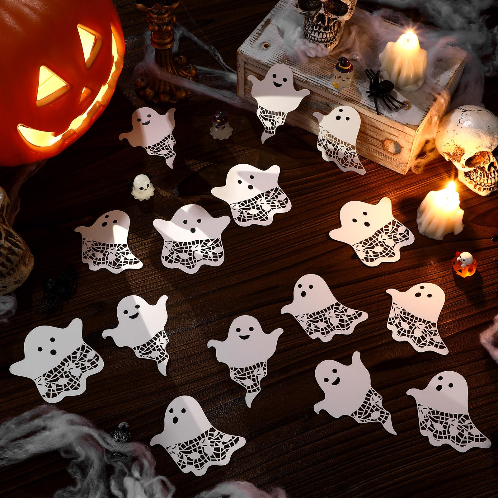 Photo 1 of Yexiya 51 Pcs Halloween Ghost Bulletin Board Cutouts 3.1 Inch Ghost Kraft Paper Decorations for Halloween Banner Decor, Cards, Scrapbooking DIY Art Wall Craft Home Party