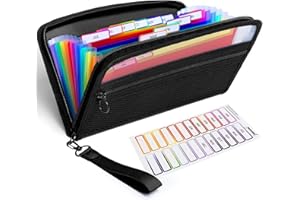 Nicecho Receipt Coupon Organizer, 13 Pockets Small Accordion File Organizer with Rainbow Labels, Small File Folder for Cards Bill Business Document, Zipper Closure, 11 * 6.8 Inches (Black) …
