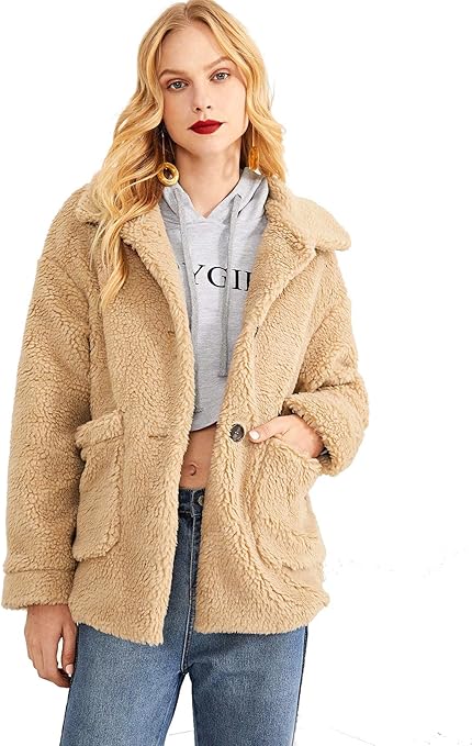 green button front teddy coat