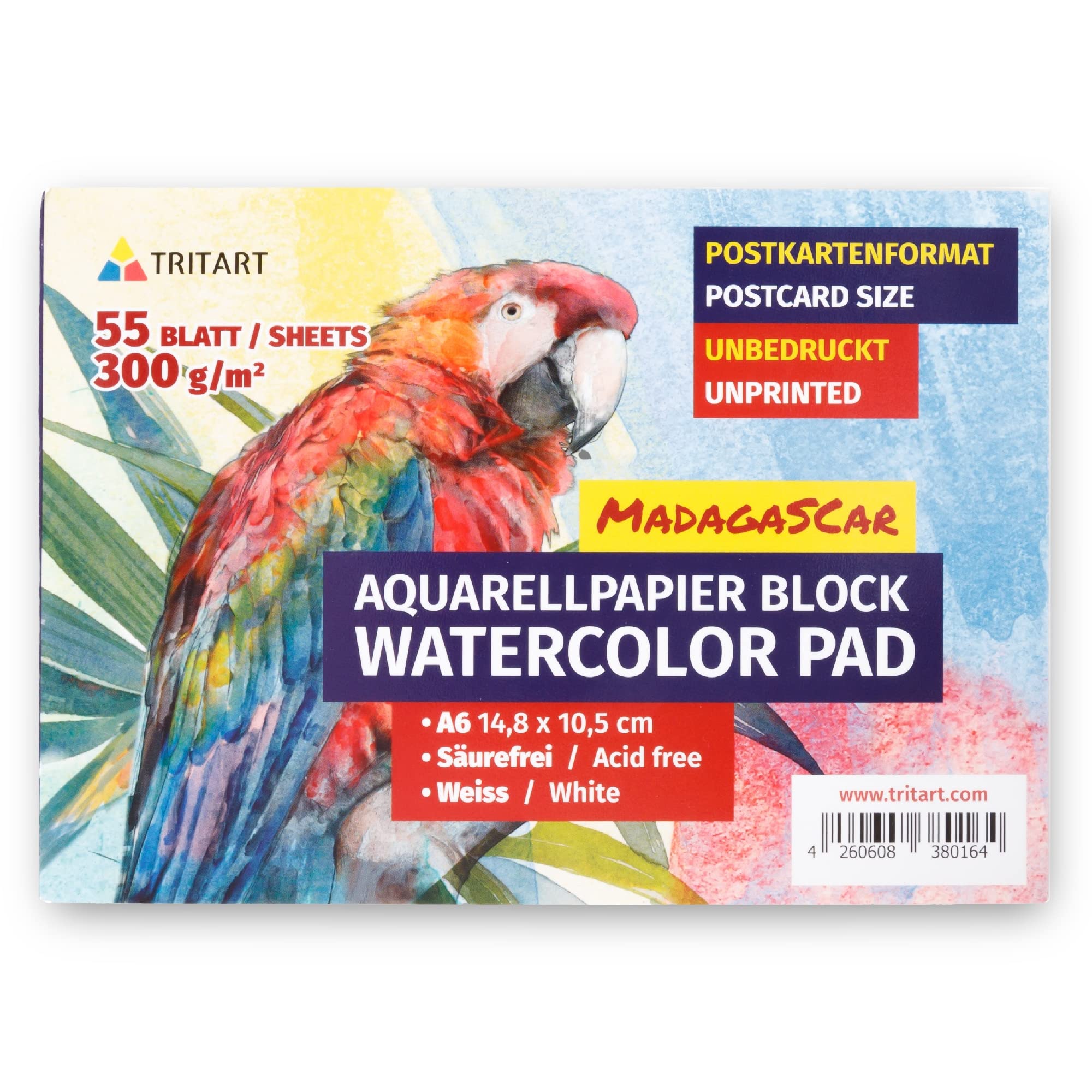 Tritart A6 Watercolour Paper, 300 g – 55 Pages, White – DIN A6 Watercolour Pad