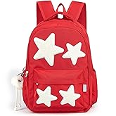 LOTUSTAR Red Preppy Backpack with Cute Plush Accessories Kawaii Star Patch Y2K School Bookbag Statement Girls Funny Aesthetic Backpacks for Kids Teens Senior