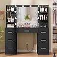 Quimoo Large Vanity Desk with LED Lighted Mirror & Power Outlet,Makeup Vanity Table with 7 Drawers,4 Shelves and 5 Hooks,Vanity Table, Vanity Desk Set for Bedroom,Bathroom，Black