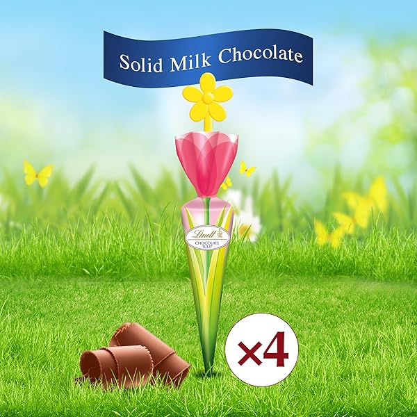 LINDT CHOCOLATE TULIPS, TULIP-SHAPED SOLID MILK CHOCOLATE EASTER CANDY ON A STICK, 4 PACK
