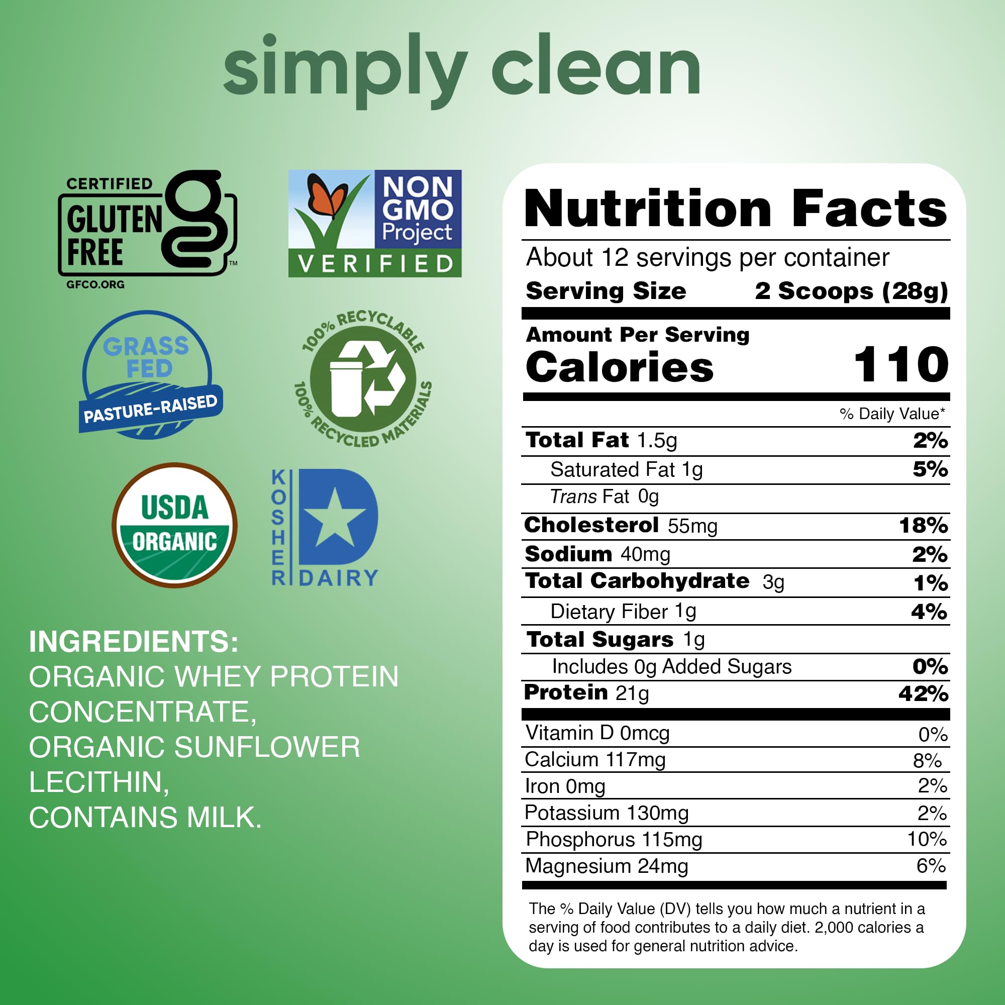 simply tera's Organic Whey Protein Powder - Grass Fed Whey Protein Powder Without Artificial Sweeteners, Unflavored, Non-GMO, Kosher, Gluten-Free - Plain Unsweetened 12 Oz.