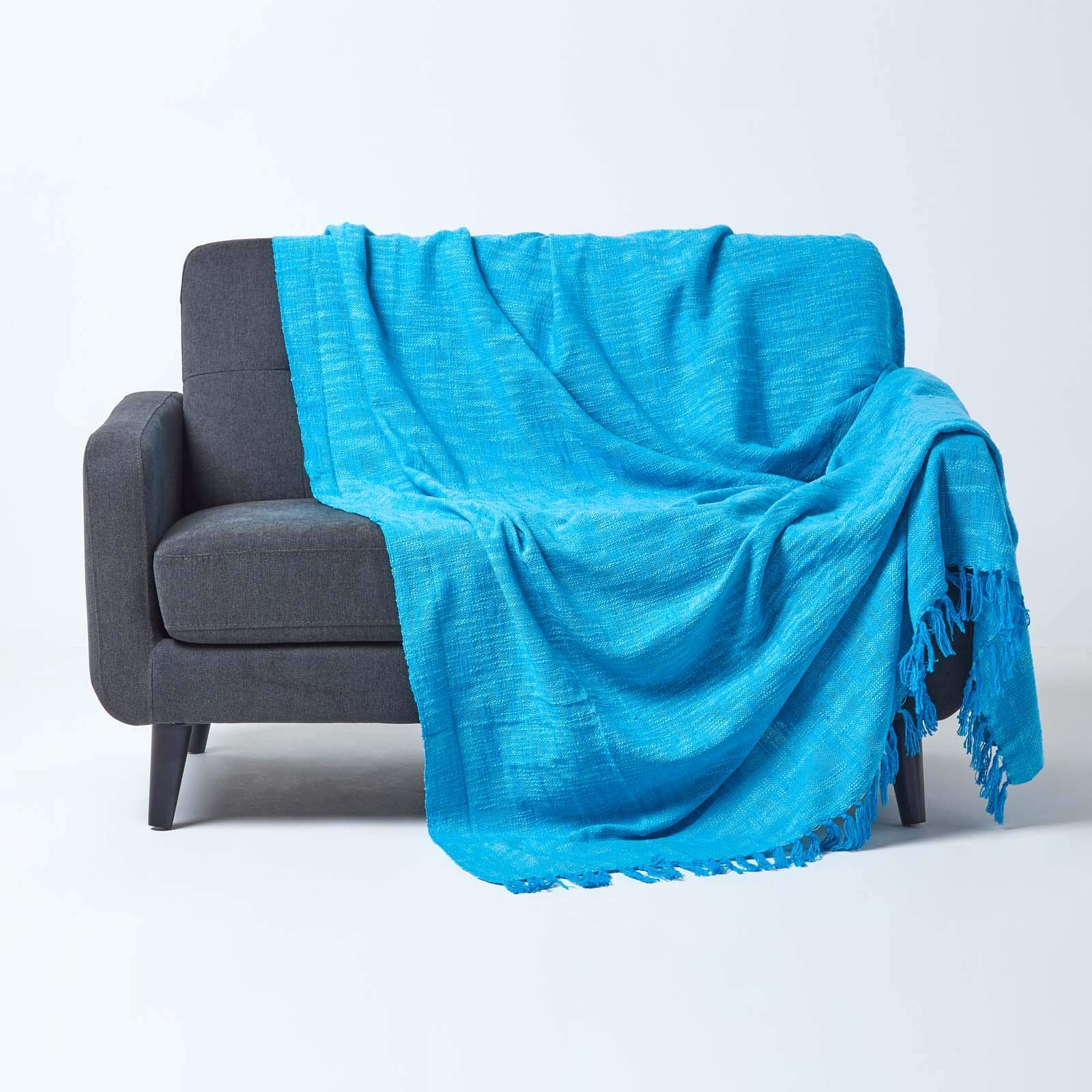 HOMESCAPES Nirvana Teal Handwoven 100% Pure Cotton Throw 90 x 100 Inches, Bedspread Blanket with Handknotted Tassles in Very Durable and Heavy Quality, Easy-Care and Washable at Home