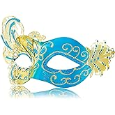 MYSEUNI 2025 New Gold and Blue Masquerade Mask for Women-Butterfly Masquerade Eye Mask - Peacock Metal Filigree Venetian Masks-Perfect for Halloween Parties, Costume Party, Carnivals, Wedding