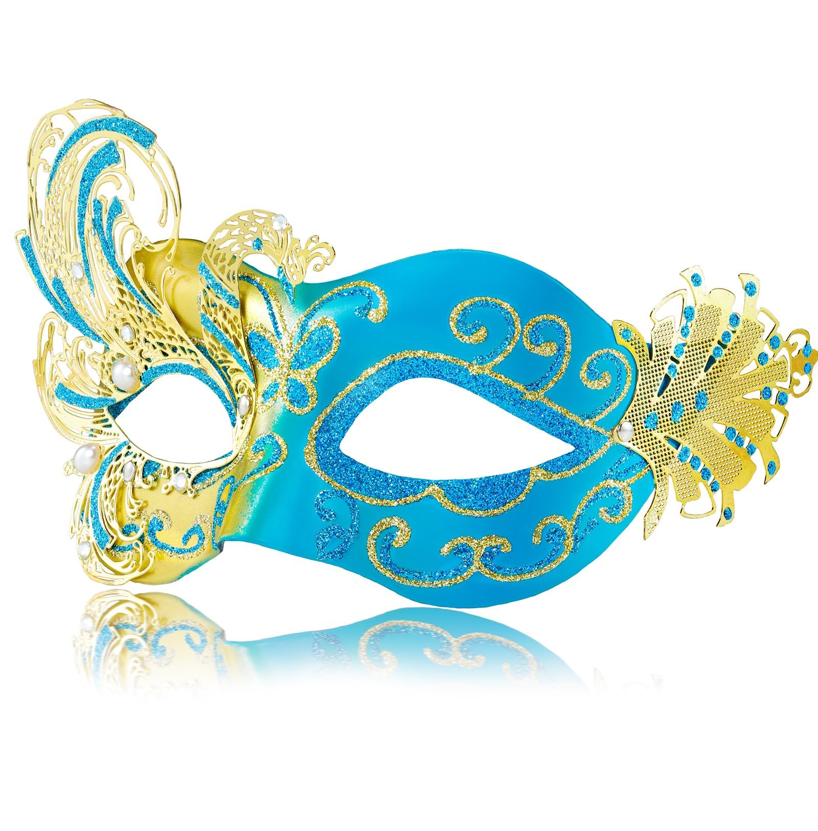 MYSEUNI 2025 New Gold and Blue Masquerade Mask for Women-Butterfly Masquerade Eye Mask - Peacock Metal Filigree Venetian Masks-Perfect for Halloween Parties, Costume Party, Carnivals, Wedding