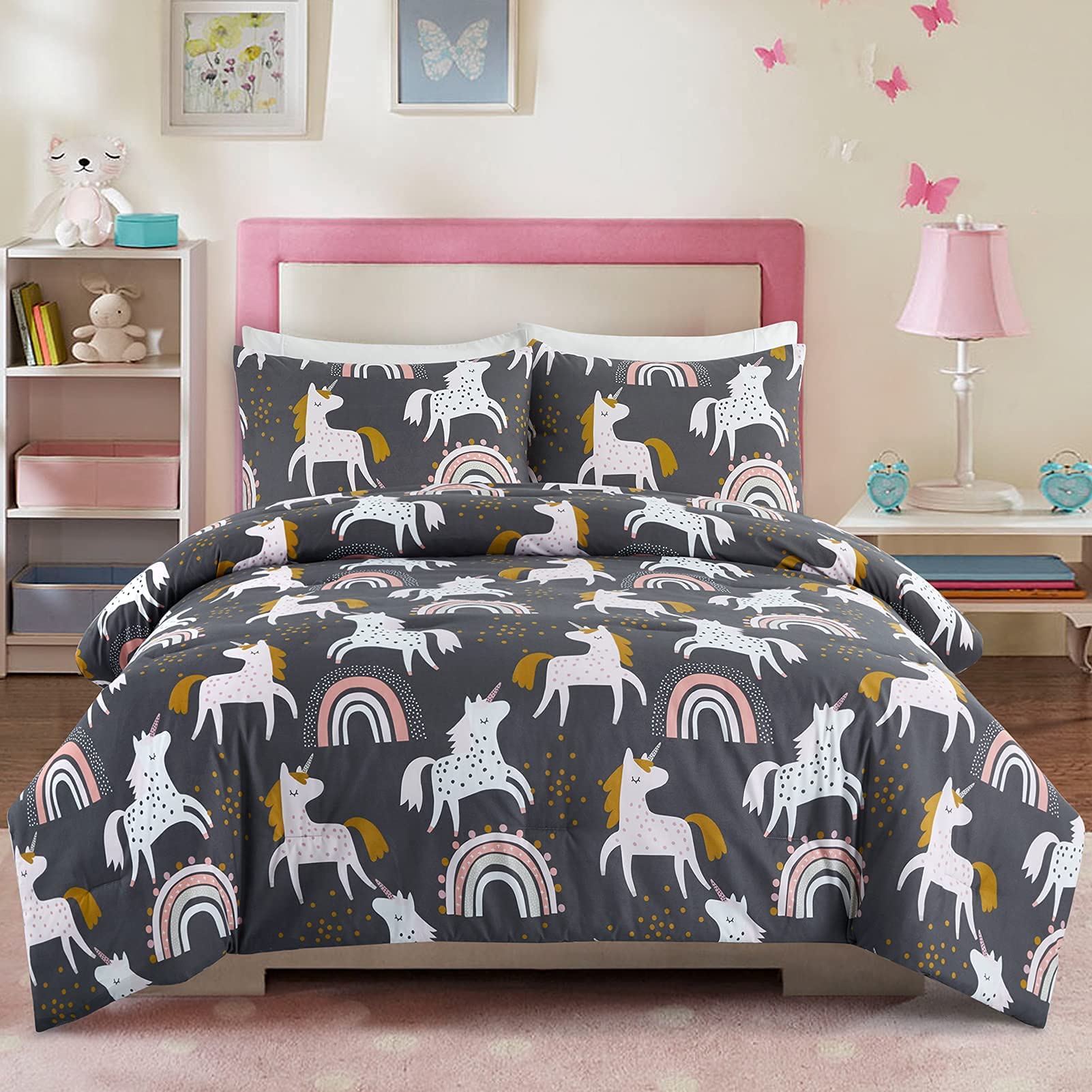 Photo 1 of HollyHOME 3 Piece Full Size Bedding Comforter Sets for Teens and Girls, Pink Unicorn and Rainbow Bedding Set, 76”x 86”