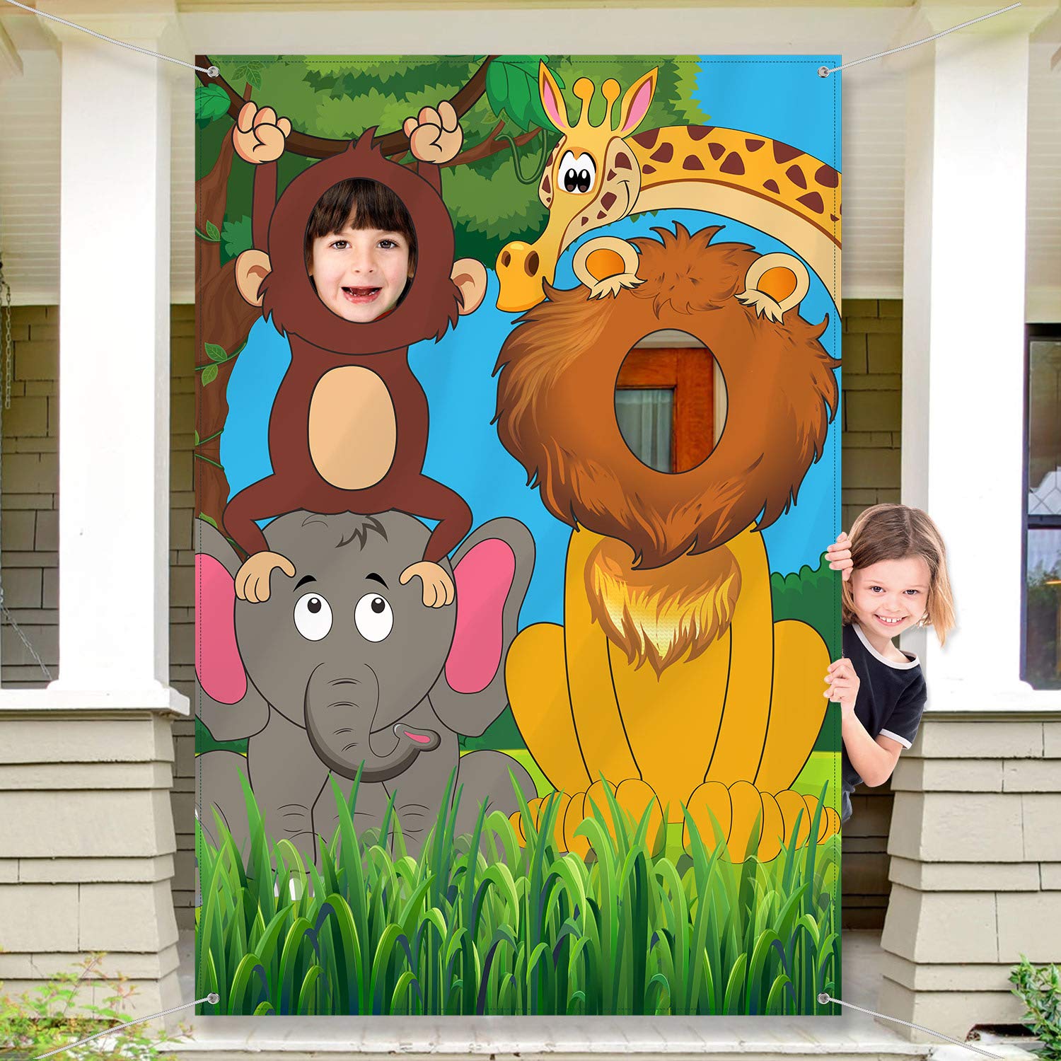 Blulu Jungle Safari Wild One Animals Birthday Party Decoration, Large Fabric Backdrop Photo Door Banner, Funny Jungle Animals Game for Wild One Birthday Party Supplies