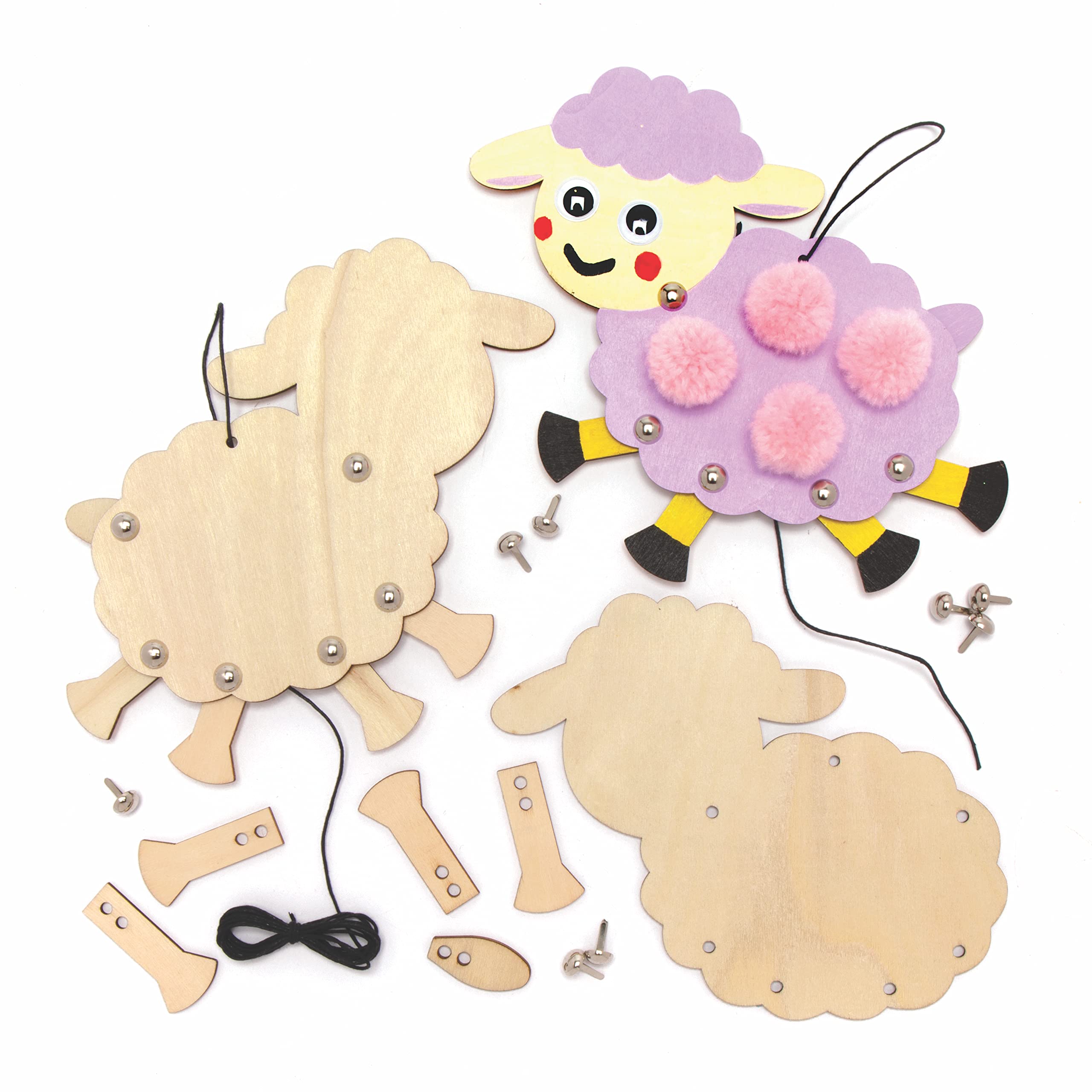 Baker Ross Fluffy Sheep Wooden Puppets - Pack of 3, Puppets for Kids (AX822)