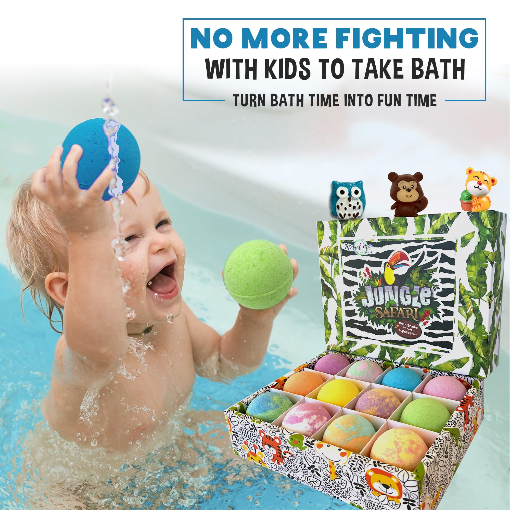 Bath Bombs for Kids with Surprise Inside, 12 Bubble Bath Fizzies with Jungle Animal Toys. Moisturizing, Gentle & Kids Safe, Rainbow Spa Bath Fizz, Birthday Gifts for Boys, Girls