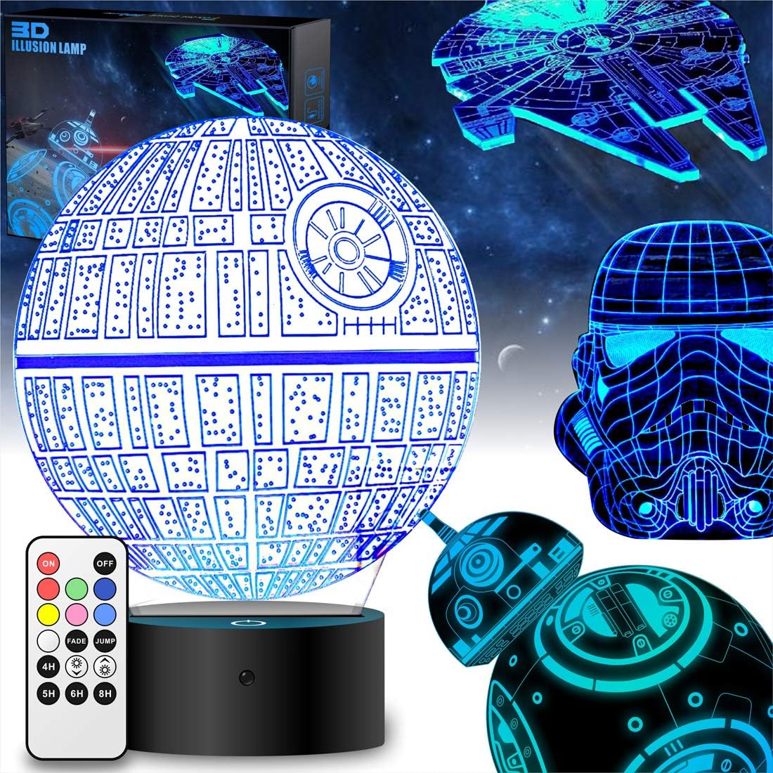 Star Wars Gifts 3D Lamp - Star Wars Toys 3D Night Light,4 Patterns and 7 Color Changing with Remote or Touching,Decorating Kids Bedroom(4 Packs-Bigger-Brighter)