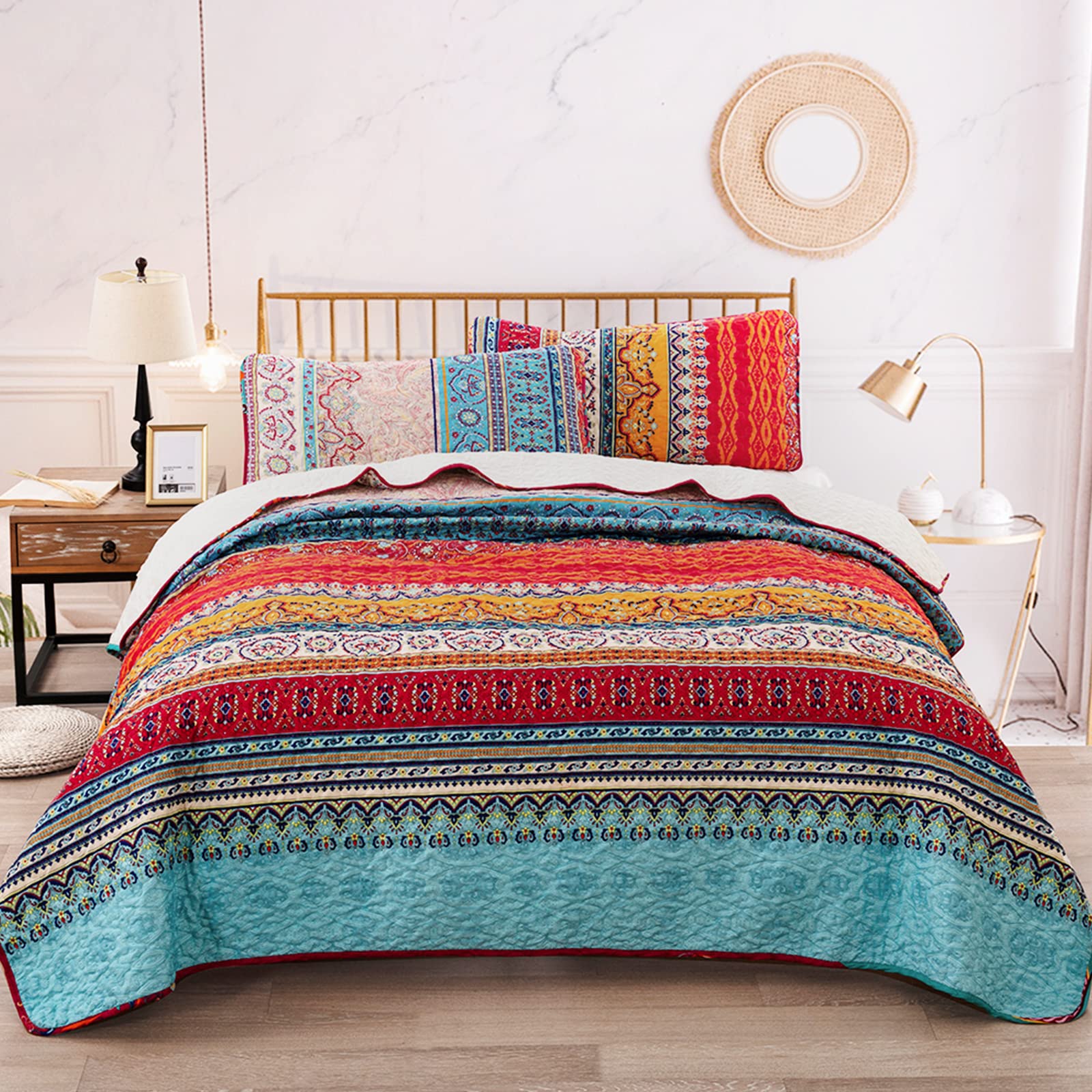 WONGS BEDDING Bohemian Bedspread Double Boho Striped Pattern Printed Quilted Bedspread Coverlet for All Season,Soft Microfiber Quilt Double Size 220x240cm