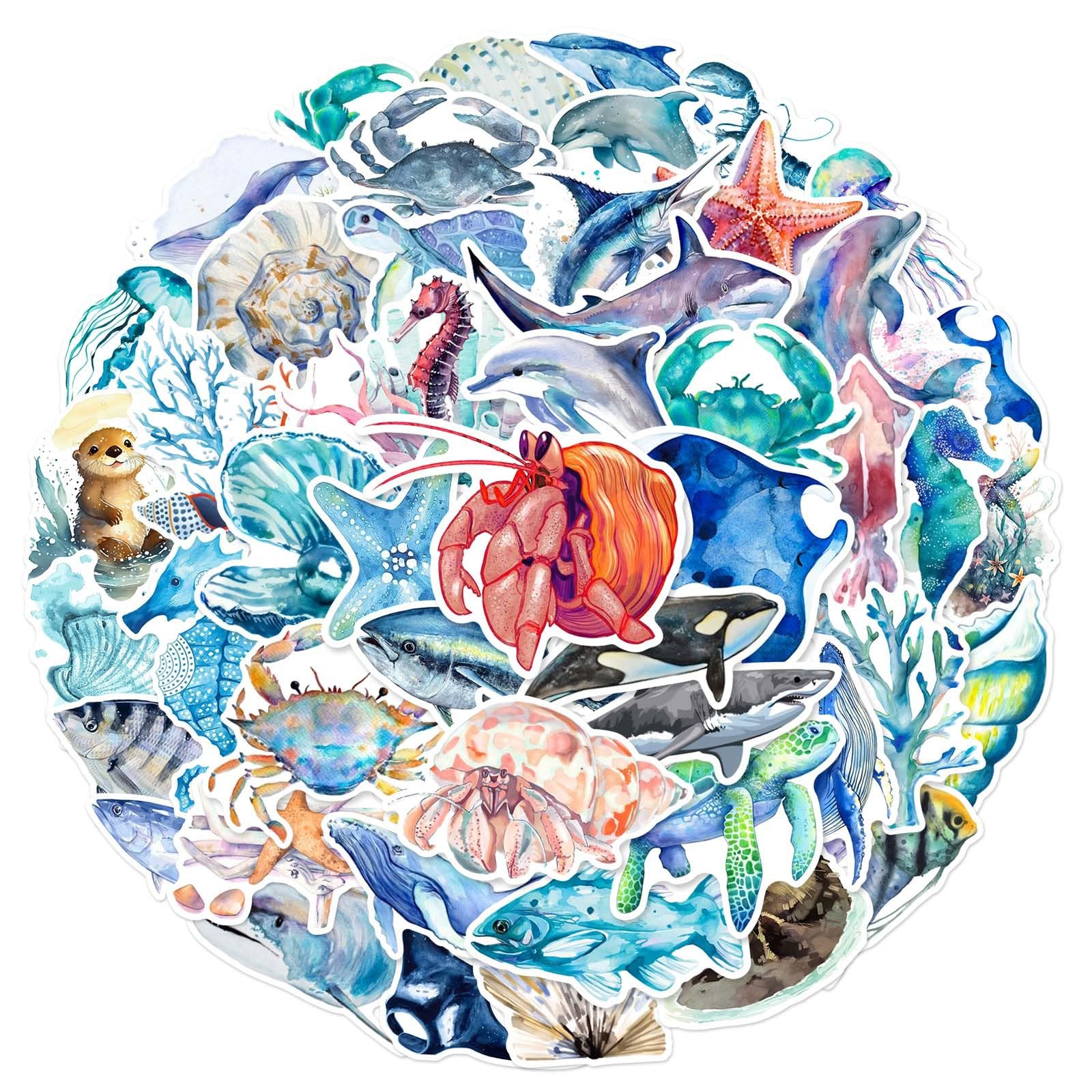 50pcs Ocean Animal Stickers for Water Bottles, Waterproof Adhesive Fish Decals Under The Sea Marine Life Stickers Ocean Stickers for Kids for Birthday Party Scrapbook Skateboard Phone Laptop
