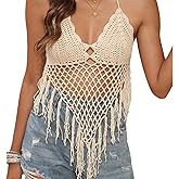 Crochet Top for Women Summer Beach Wear Boho Halter Backless Bikini Tank Tops Tassel Crochet Knit Bra Bralette Cover Up