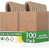 OEMVALATY 100Pcs 5.9x3.2x8.3 Inch Small Brown Paper Bags with Handles Bulk Gift Wrap Bags Kraft Paper Gift Bags for Birthday Party Favors Grocery Retail Business Shopping Merchandise Goody Craft Bags