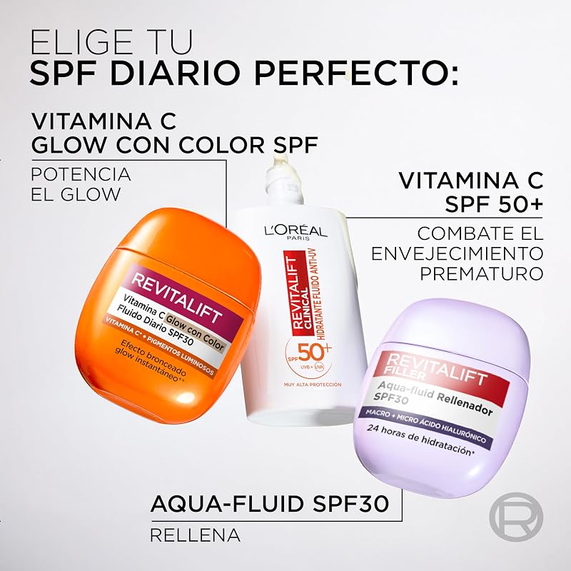 L'Oréal Paris Revitalift Filler Aqua-fluid SPF30 Filler, 24h de hidratação* com proteção solar UV, ácido hialurónico e niacinamida, absorção em 3 segundos, textura clara, formato de bolso, 40ml