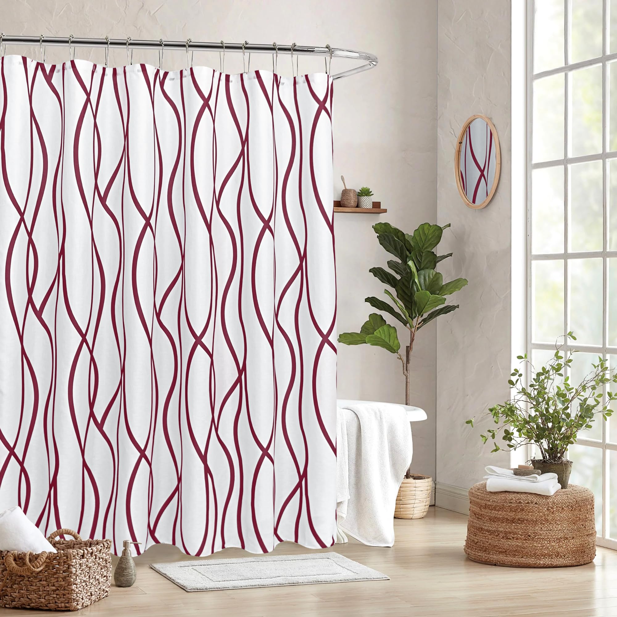 Biscaynebay Textured Fabric Shower Curtain, Printed Dancing Bathroom Curtains, Burgundy 72 Inches Width by 84 Inches Length