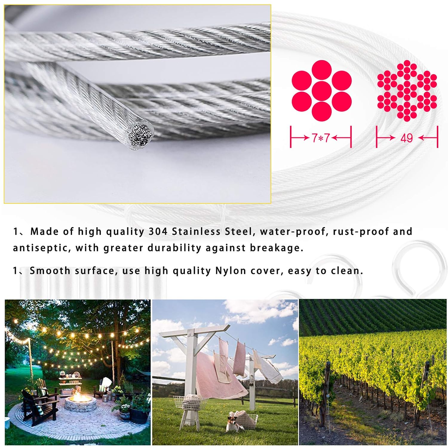 DesertBoy 19Pcs Garden Wire Rope Kit Picture Cable Railing Kit PVC 10m Stainless Steel Cable Rope 2mm with 10Pcs Aluminum Crimping Sleeves for Hanging Clothesline,Garden Fence,Plants,Photos,Lights,etc - Image 5
