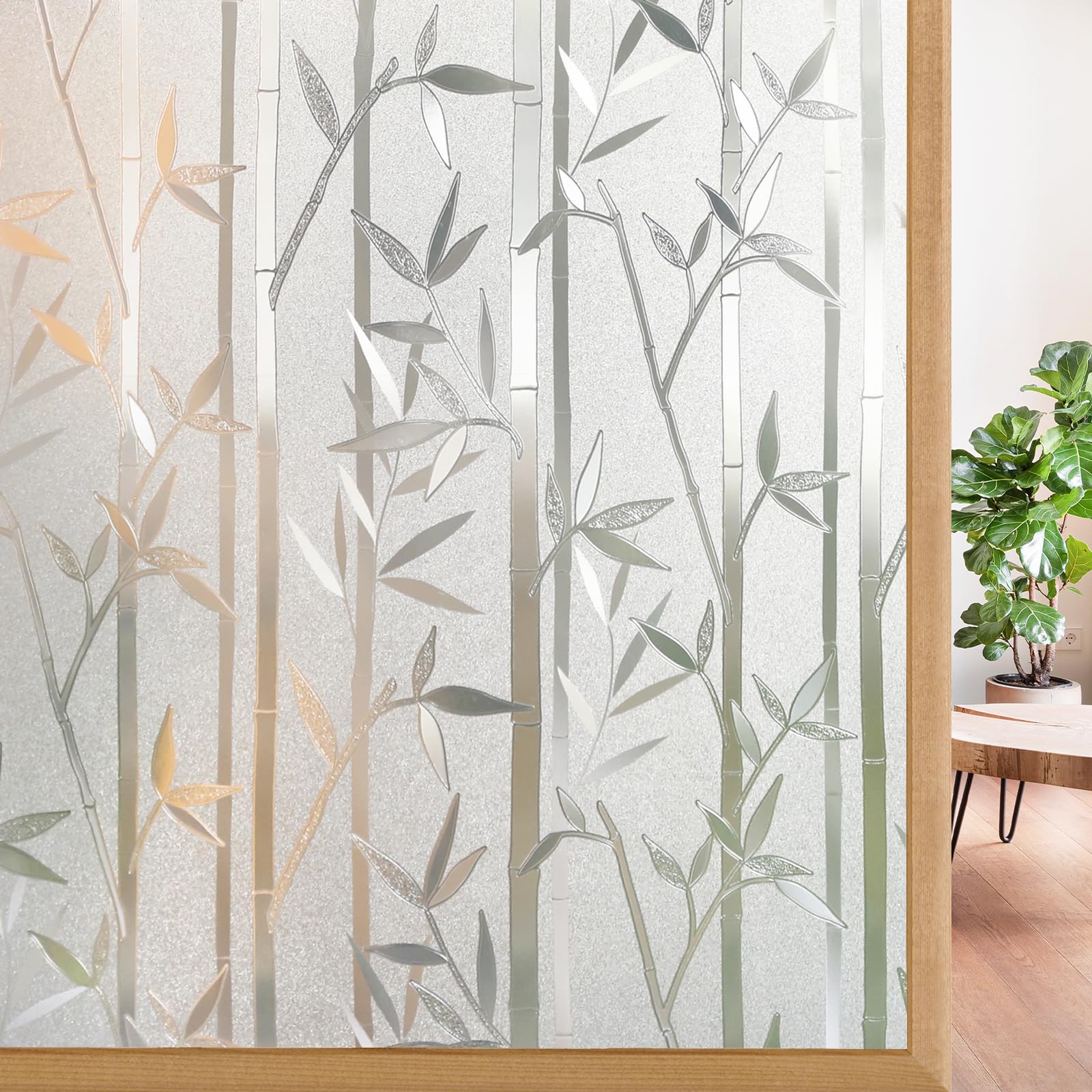 rabbitgoo Window Film Privacy, Decorative Privacy Film for Glass Windows 3D Bamboo-Pattern, Frosted Stickers Static Cling UV Bloque, Easy Install for Home Living Room Bedroom Office, 90 x 200 cm