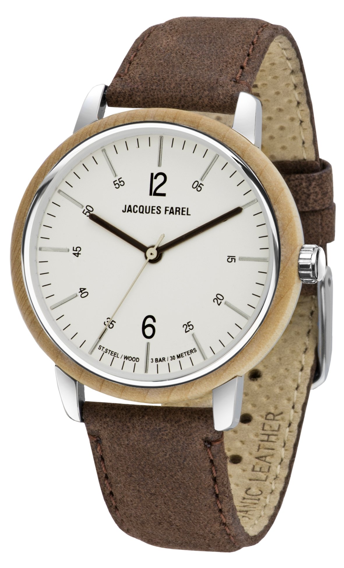 Jacques FAREL Hayfield Sustainable Wood Watch for Women Maple eco-Leather Brown Analog Quartz Stainless Steel case 3 Bar ORW 1006