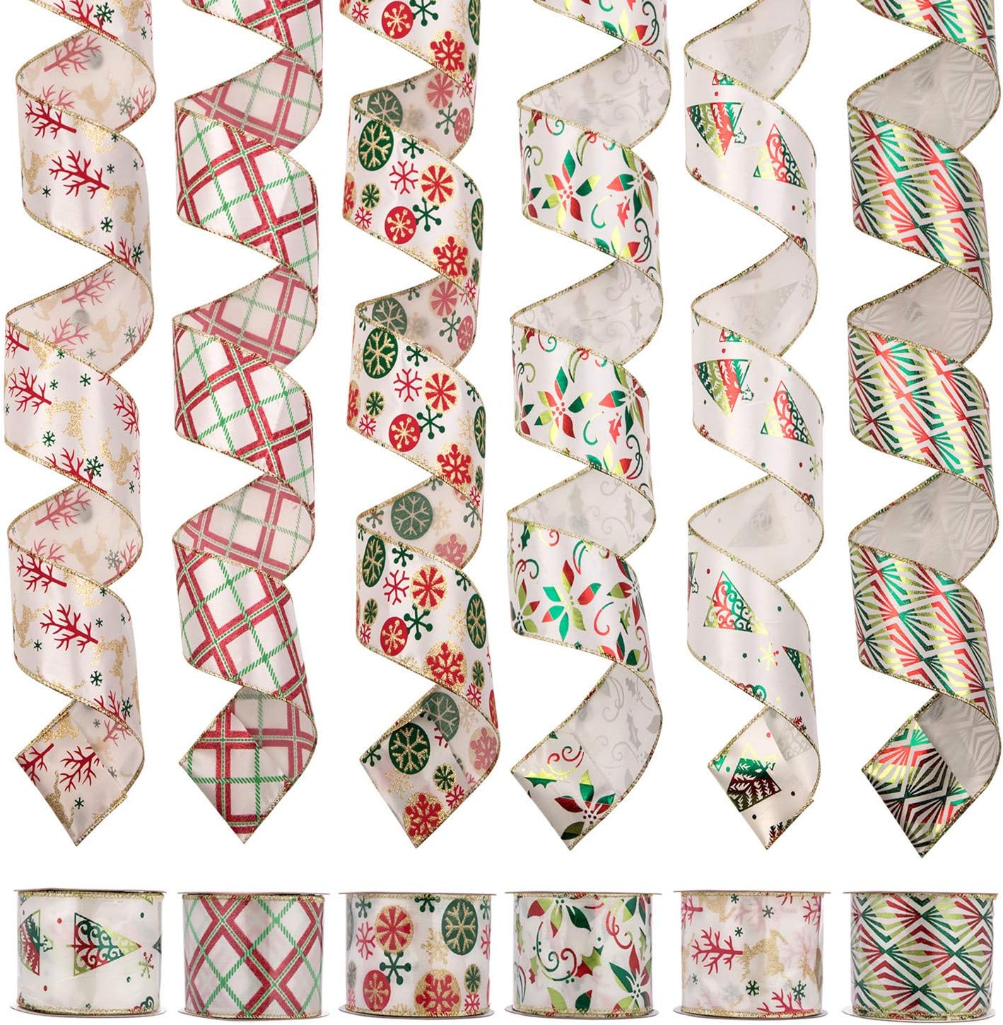 iPEGTOP 36 Yards 2.5" Wired Christmas Ribbon, White Satin Colorful Gift Wrapping