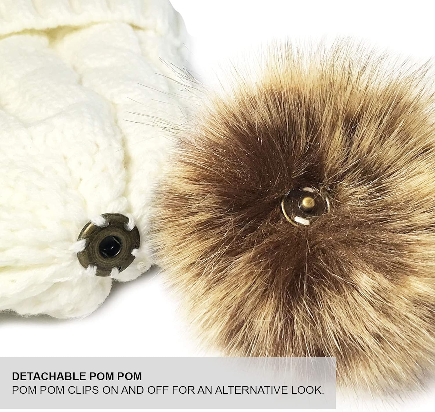 TOSKATOK Ladies Chunky Soft Cable Knit Hat with Cosy Fleece Liner and Detachable Faux Fur Pompom-Black - Image 4