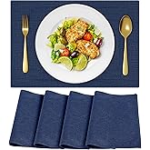 OSUASN Cloth Placemats, Set of 4 Heat-Resistant Cotton Linen Blend Double Layered Machine Washable Place Mats, Wrinkle Free Thick Fabric Dining Table Mats for Indoors & Outdoors (Navy Blue, 4)
