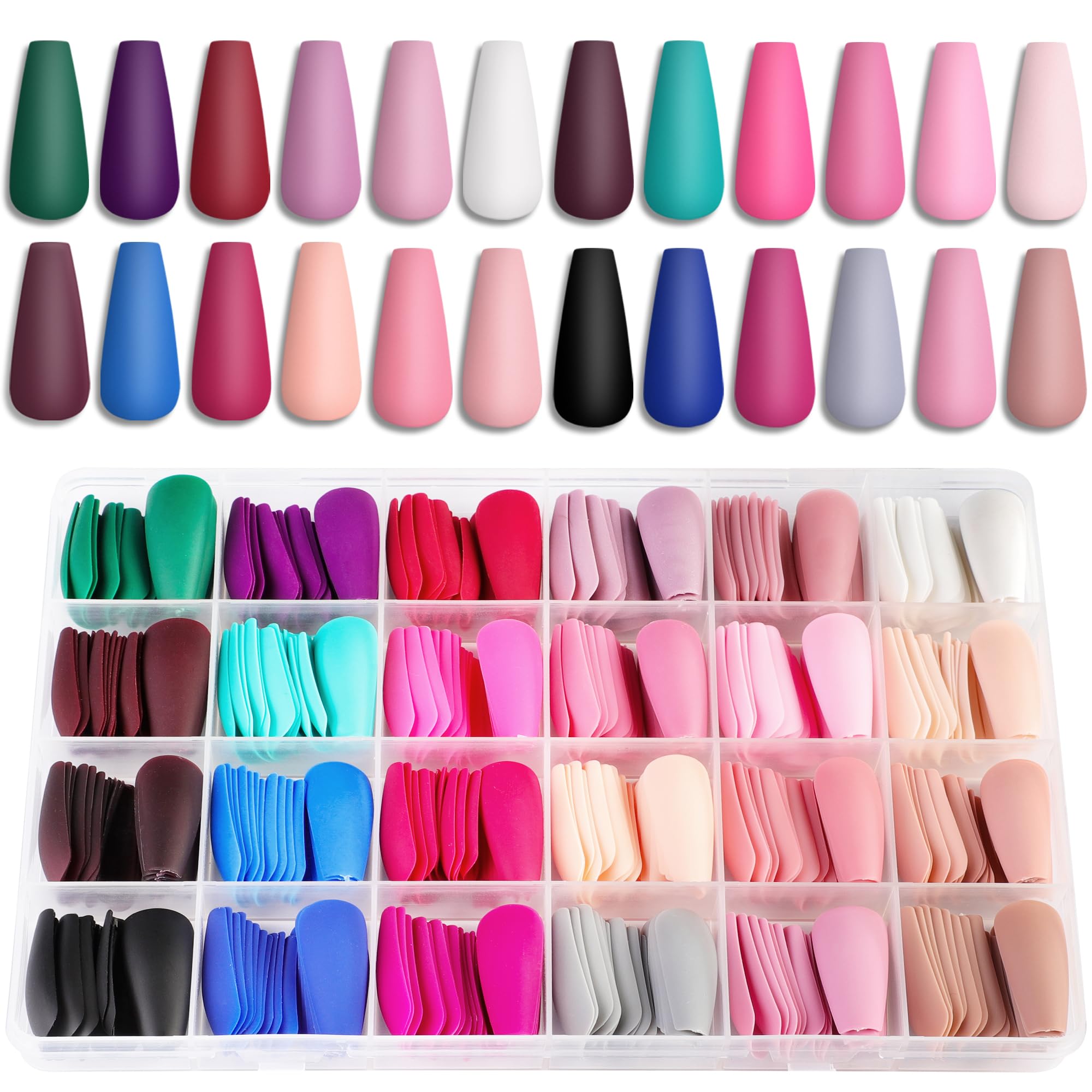 LADYING 24 Packs (576 PCS) Ballerina Matte Press on Nails Kit Long,Full Cover False Nails Coffin with Nail File,Cheap and Durable Stick on Nails for Women and Teens,Nail Art French for Fake Nails
