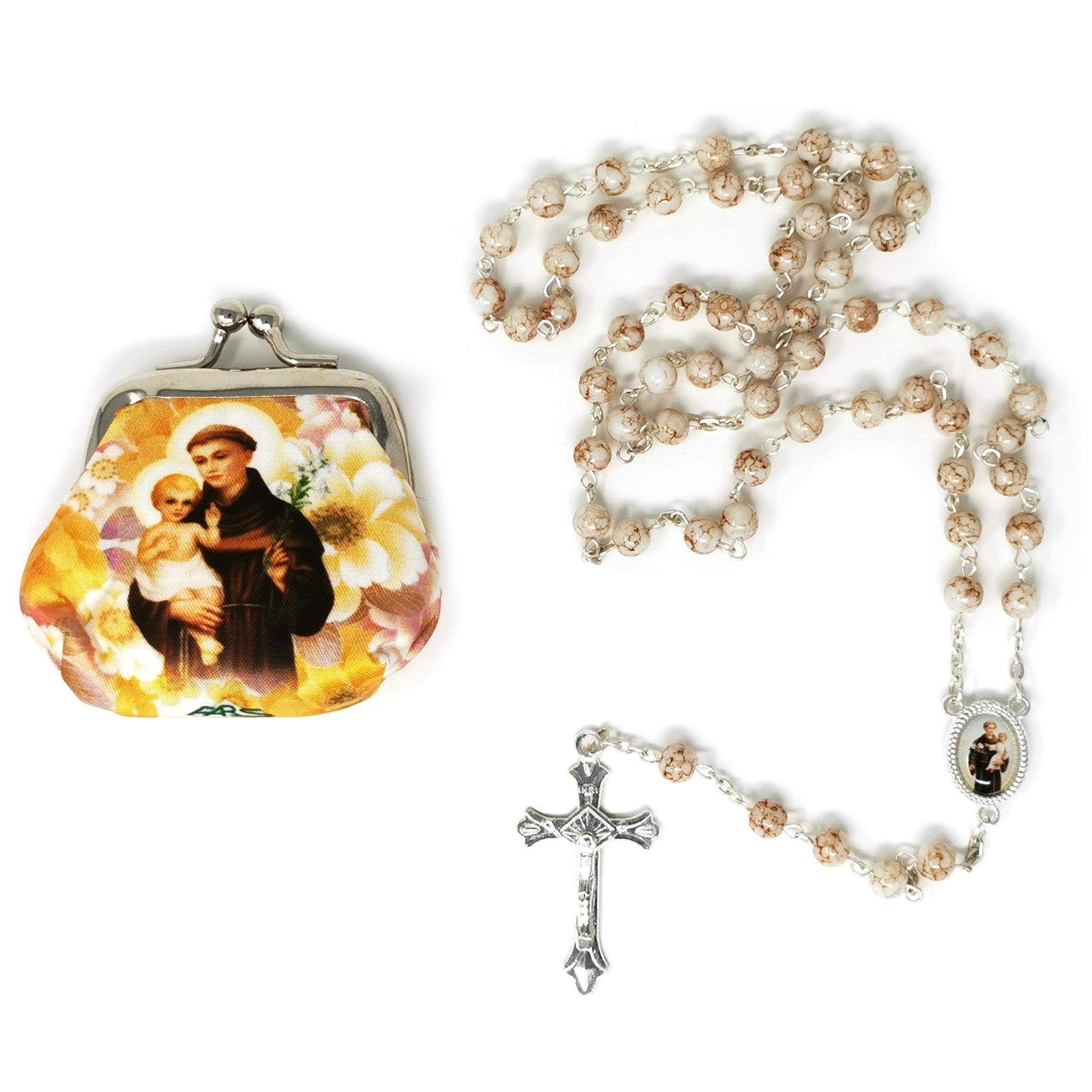 Cbc White marble glass St. Anthony Jesus rosary beads in purse 50cm
