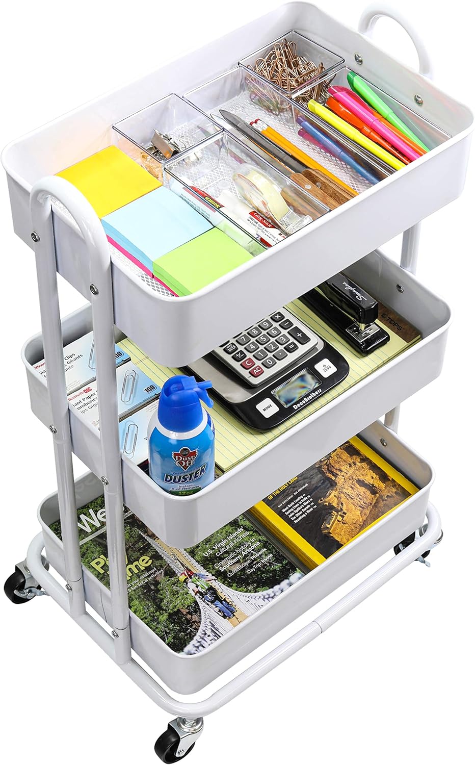 SimpleHouseware Heavy Duty 3-Tier Metal Utility Rolling Cart, White : Office Products