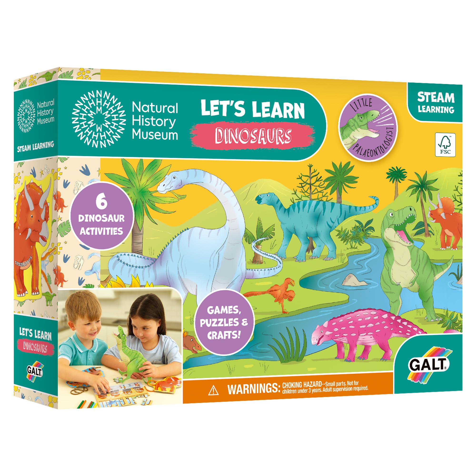 Galt Dinosaurs Arts & Crafts Kit for Kids - Activity Pack, 6 Dino Projects & Fact Cards - Fun Educational Crafting Set - Children's STEAM Learning Games & Puzzles, Age 4 Plus - Natural History Museum