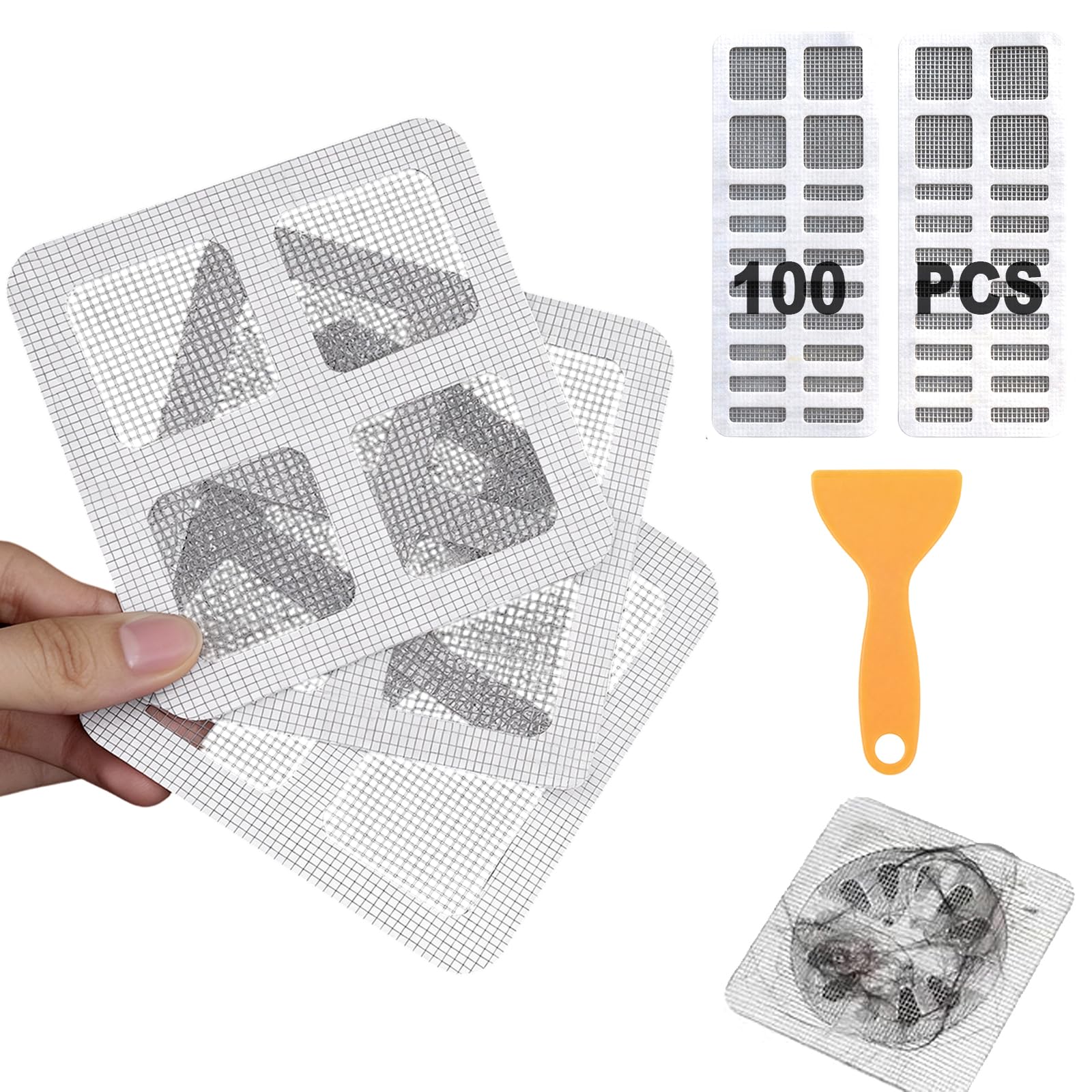 Photo 1 of 100 PCS 4"x4"Disposable Hair Drain Stickers, Anti-Blocking Filter Screen Self-Adhesive Mesh Drain Hair Drain Stickers with Scraper, Effective Hair Catcher for Shower, Bath, Kitchen Drain