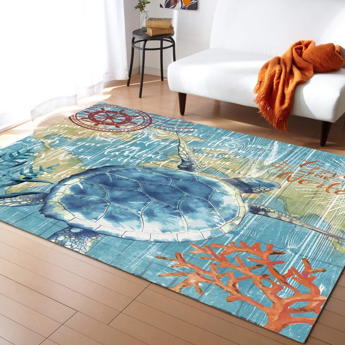 FunkyHome Large Area Rug 5x8ft Nautical Sea Turtle Collection Area Runner Rugs Ocean Animal Non Slip Carpets for Living Room Bedroom Indoor Outdoor Nursery Rugs Décor