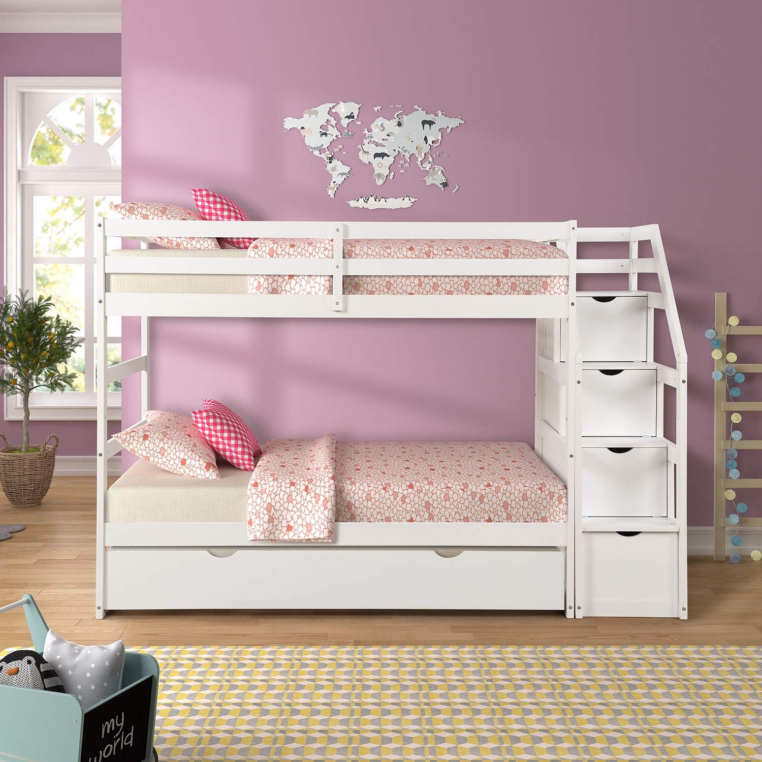 Bunk Beds Twin Over Twin with 4 Drawers in The Steps and a Twin Trundle White