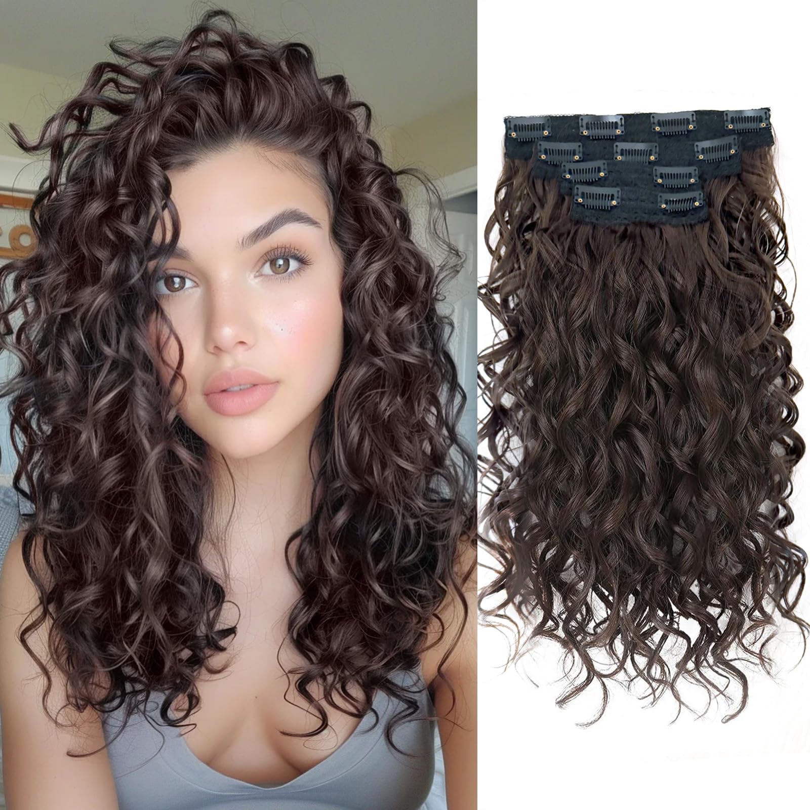 Photo 1 of Curly Hair Extensions,LEOSA 4PCS 16 inch Clip in Hair Extensions Short Soft Natural Hairpiece Lace Weft Curly Wave Clip Ins Extensions Invisible for Women,Dark Chocolate Brown
