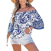 CUPSHE Womens Top Off Shoulder Neck Half Sleeves Shirt Floral Blouse Relaxed Casual Loose