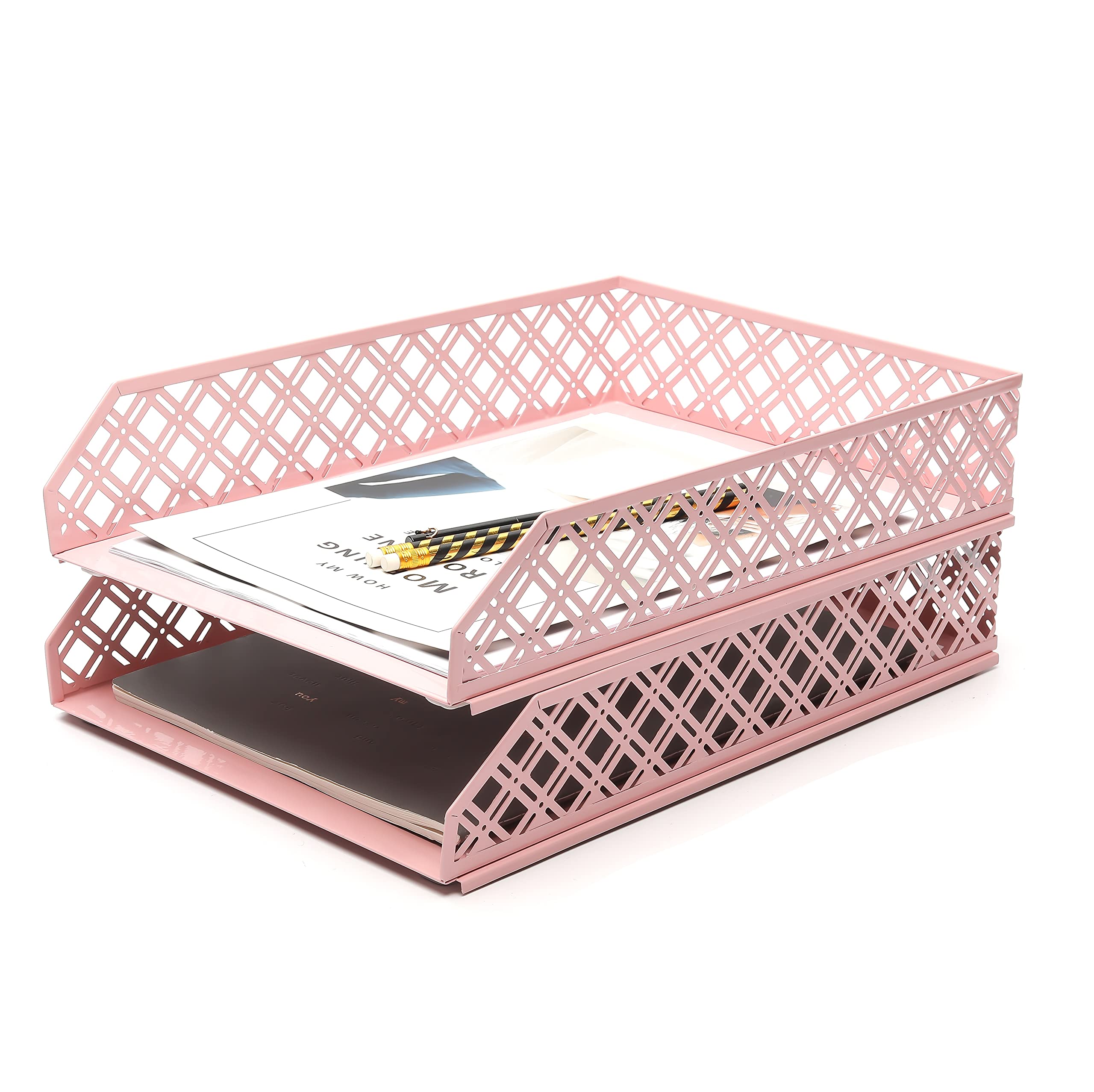 Exerz Letter Trays 2pcs Stackable Paper Sorter/Desk Organiser/File Tray for Desk - Wire Mesh Metal File Rack - Office, School, Home Study (Light Pink)