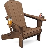 SERWALL Folding Adirondack Chair, Dual Cup Holders & All-Weather HDPE, Wood-Like Patio Chair for Backyard, Camping，Pool & Fire Pit- Brown