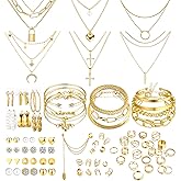 EIELO 90pcs Gold Jewelry Set for Women with 7 Necklaces, 11 Bracelets, 12 Hoop Earrings 24 Ear Studs, 14 Ear Cuffs, 22 Knuckle Rings for Womens Gold Plated Fashion Jewelry Set
