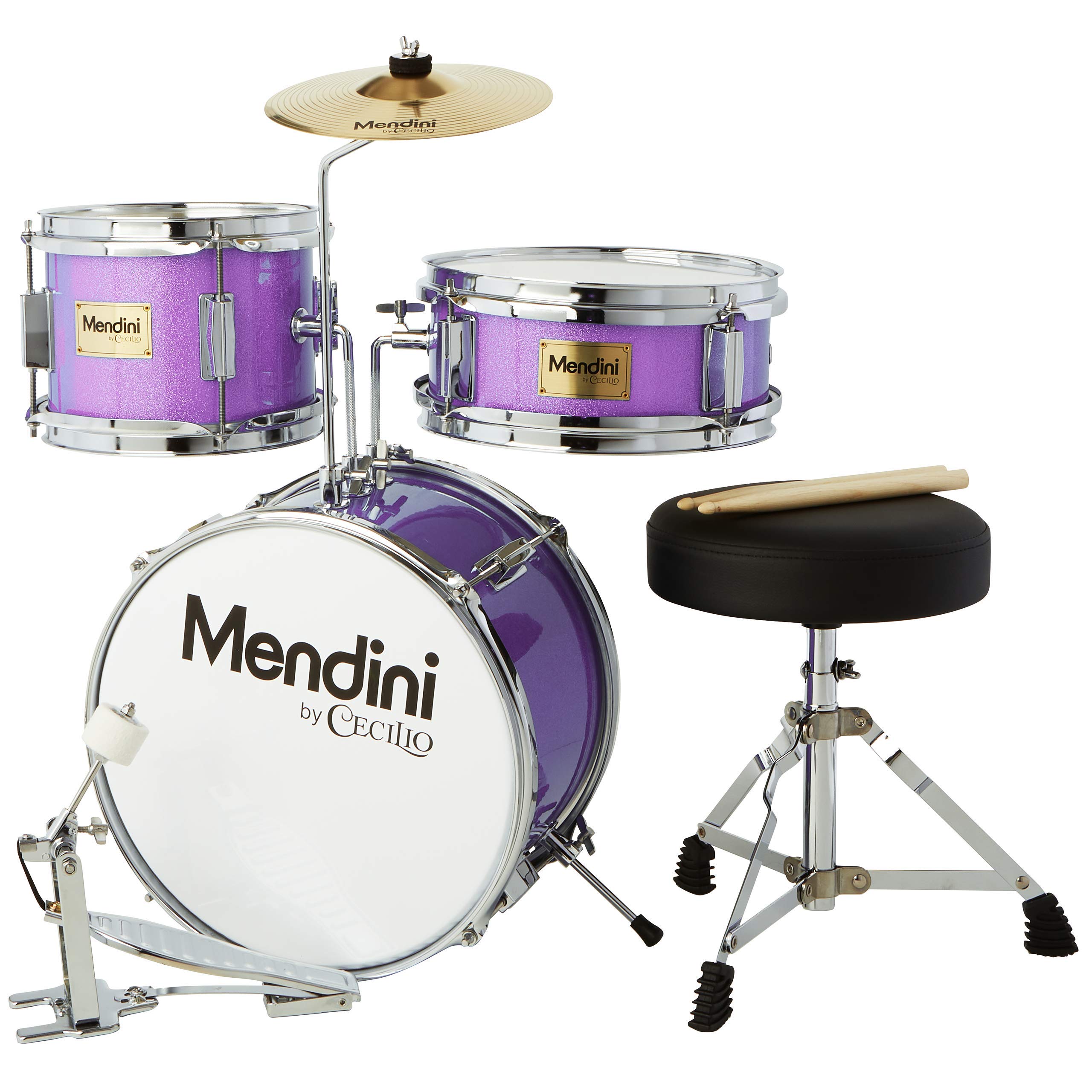 Mendini By Cecilio Kids Drum Set - Junior Kit w/ 4 Drums (Bass, Tom, Snare, Cymbal), Drumsticks, Drum Throne - Beginner Drum Sets & Musical Instruments-Purple