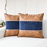 CaliTime Throw Pillow Covers Pack of 2 Soft Faux Leather Solid Dyed Chenille Cushion Cases for Couch Sofa Home Decoration 18 X 18 Inches Navy Blue Brown