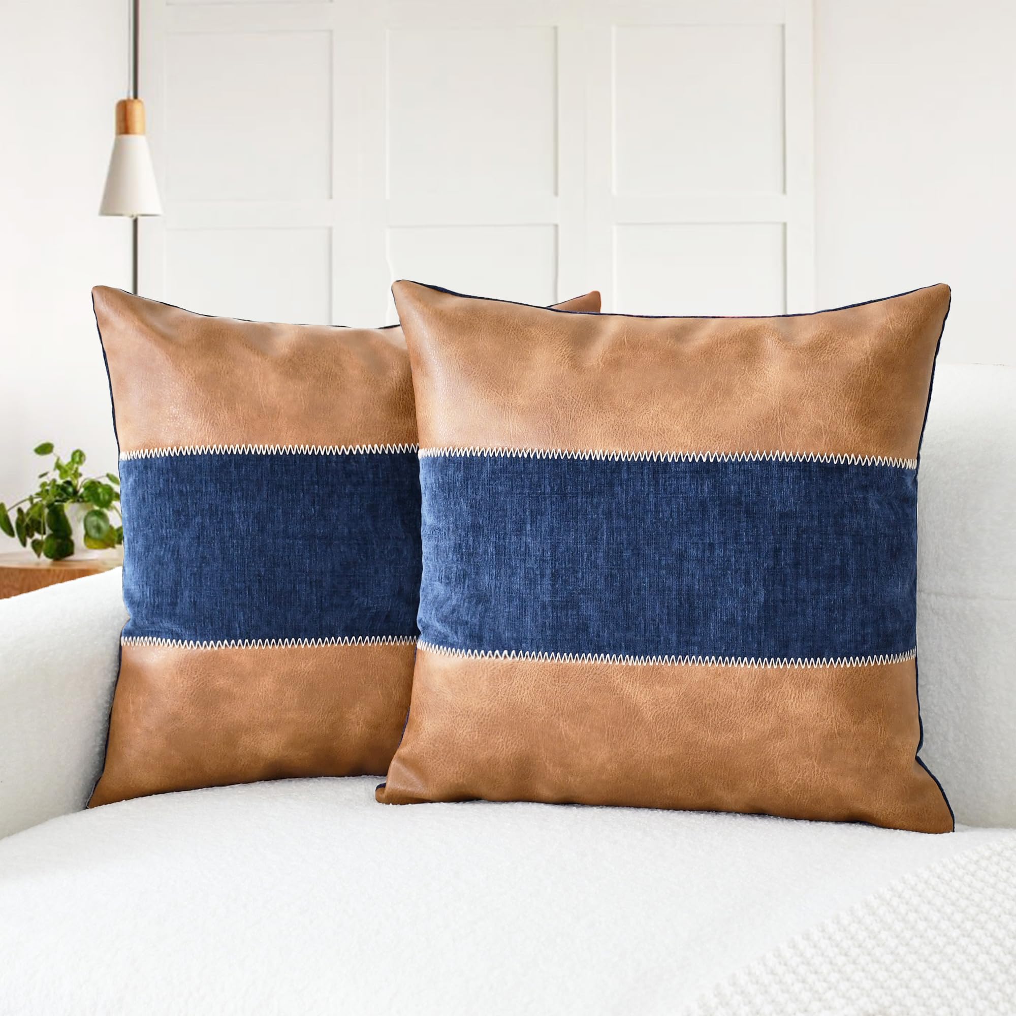 Photo 1 of CaliTime Throw Pillow Covers Pack of 2 Soft Faux Leather Solid Dyed Chenille Cushion Cases for Couch Sofa Home Decoration 18 X 18 Inches Navy Blue Brown