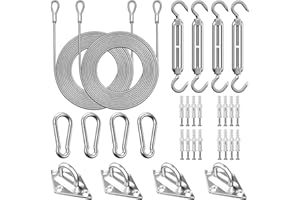 DEFUNX Sun Shade Sail Hardware Kit 6 Inch - 46 Pieces Set Stainless Steel Sun Sail Hardware Kit Mounting Accessories with Vinyl Coated Stainless Steel Wire Cable Ropes (12 Ft x 2) for Deck Railing