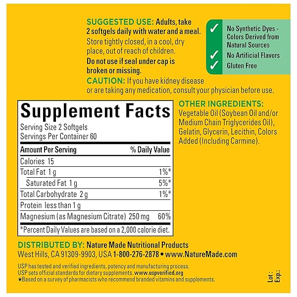 NATURE MADE MAGNESIUM CITRATE 250 MG PER SERVING, MAGNESIUM SUPPLEMENTS FOR MEN AND WOMEN, SUPPORT FOR MUSCLE, NERVE, BONE AND HEART, 120 SOFTGELS, 60 DAY SUPPLY
