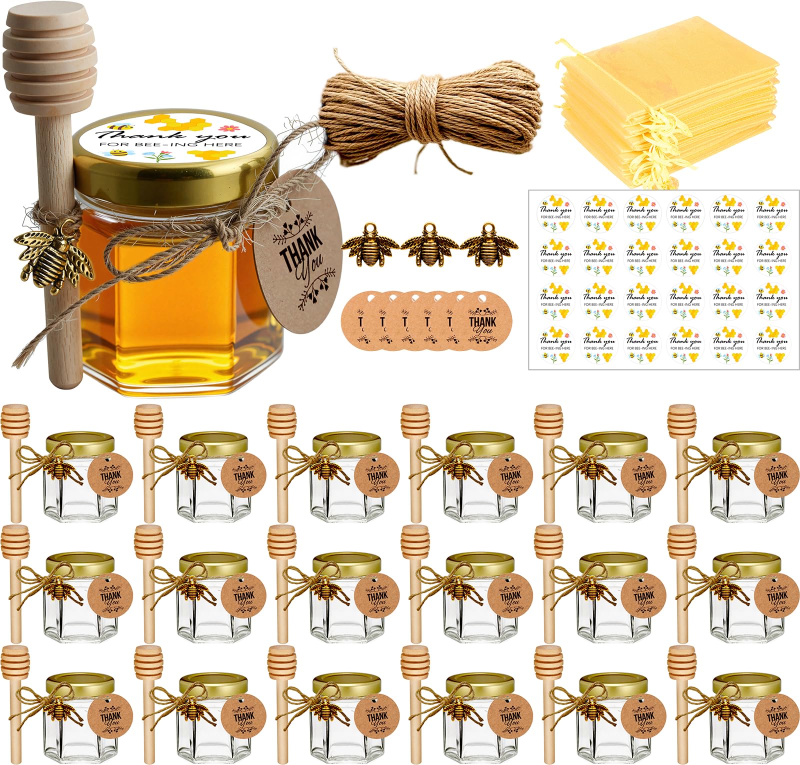 Ahhute Pack of 20 1.5 oz Hexagonal Mini Honey Jar with Honey Spoon, Golden Lids, Bee Pendants - Perfect for Party Favours, Weddings & Baby Showers - Wedding Favours