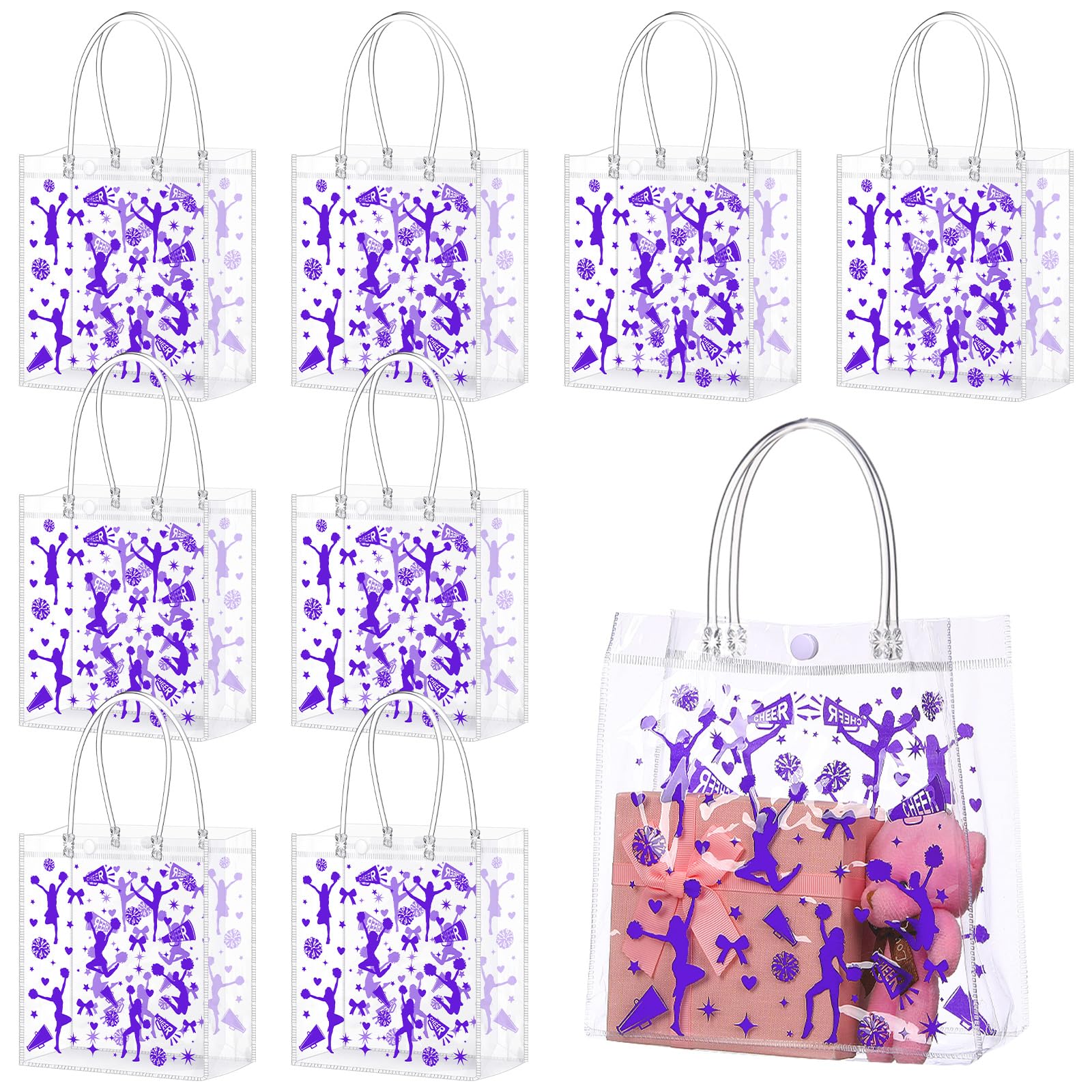 Photo 1 of Sweetude 24 Pcs Cheer Clear Treat Bags with Handles for Cheer Team Cheerleader Gift Bag Bulk Cheerleader Party Supplies (Purple)