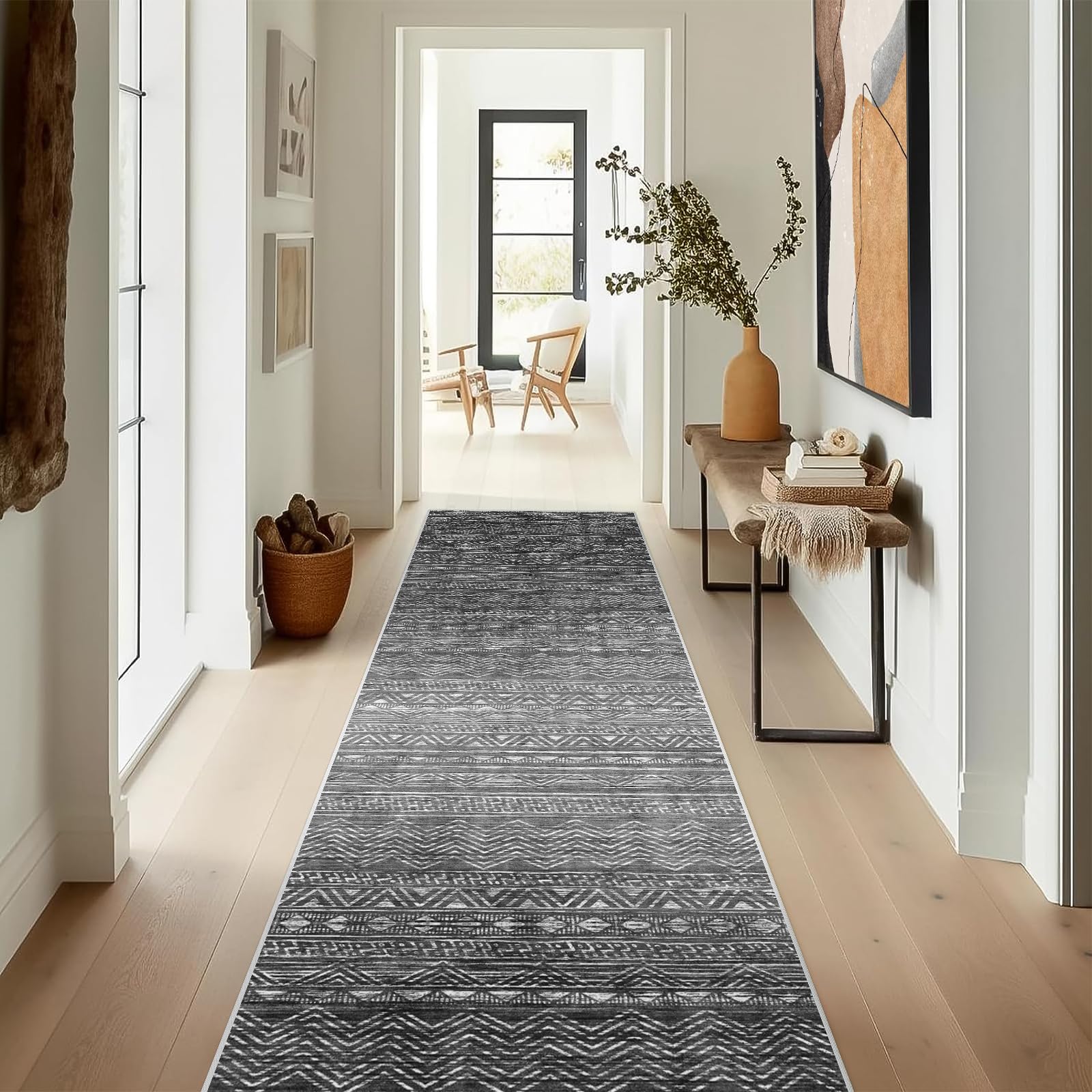 Photo 1 of Washable Runner Rug 2'6''x14'Moroccan- Non Slip Hallway Rugs Rubber Backing Kitchen Floor Carpet Low Pile Long Mat with Soft Entryway Rug 2'6''x14'Black