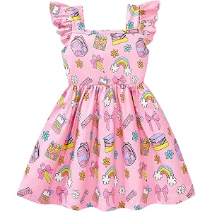 Popshion Girls Dresses Flutter Sleeve Swing Sundress Toddler Summer Clothes Kid Birthday Party Sleeveless Dress 1-8 Years Old