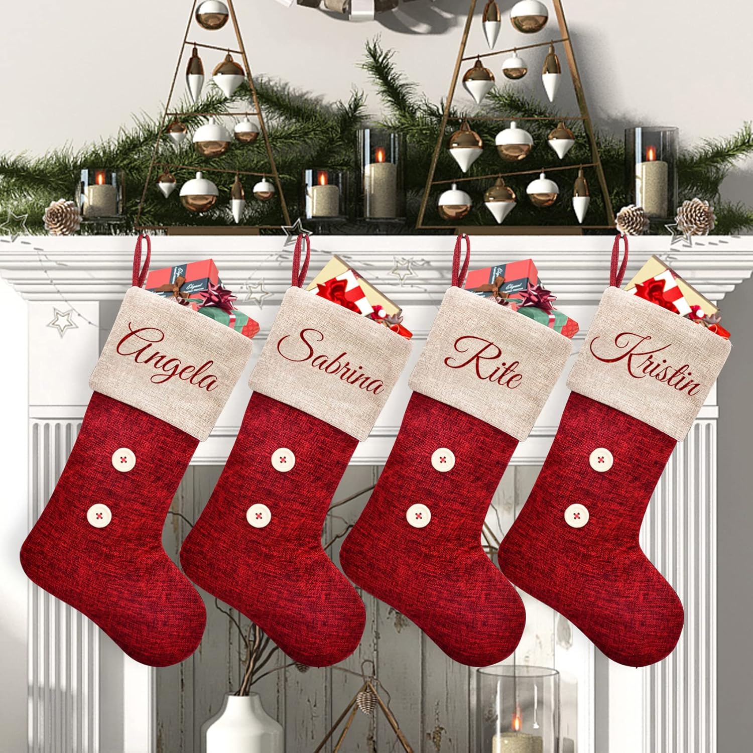 Stockings & Holders - ElegantPark Personalized Christmas Stockings 4 Pack Red Burlap Christmas Stockings Monogrammed Custom Large Xmas Rustic Holiday Fireplace Home Decoration Gifts for Family